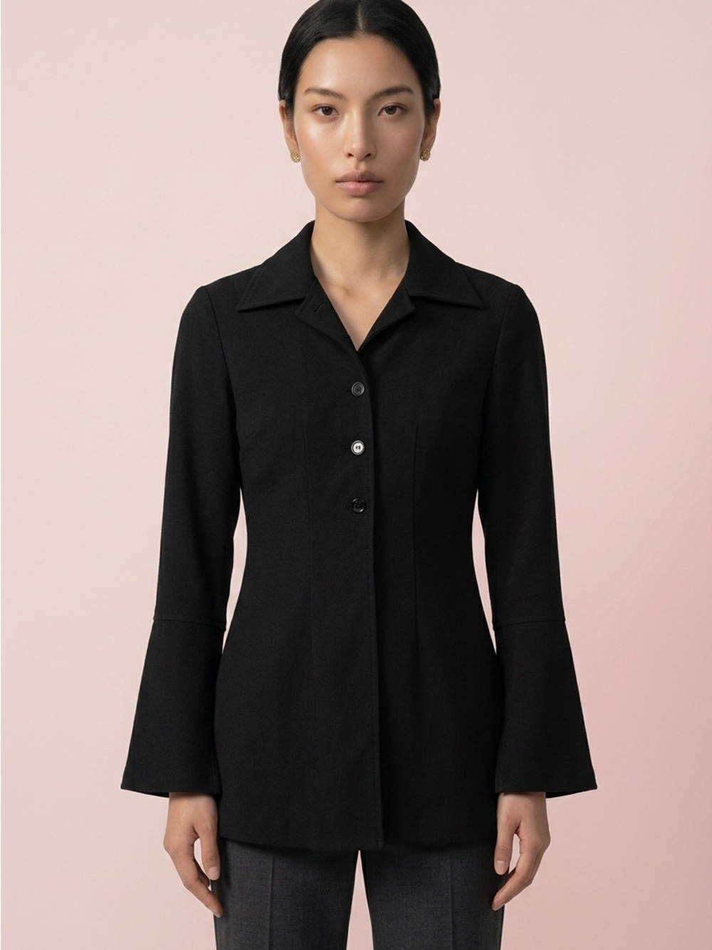Abrams Black Tailored Button-Front Blazer Flared Sleeves Y2K-38 Large - Picture 1 of 15